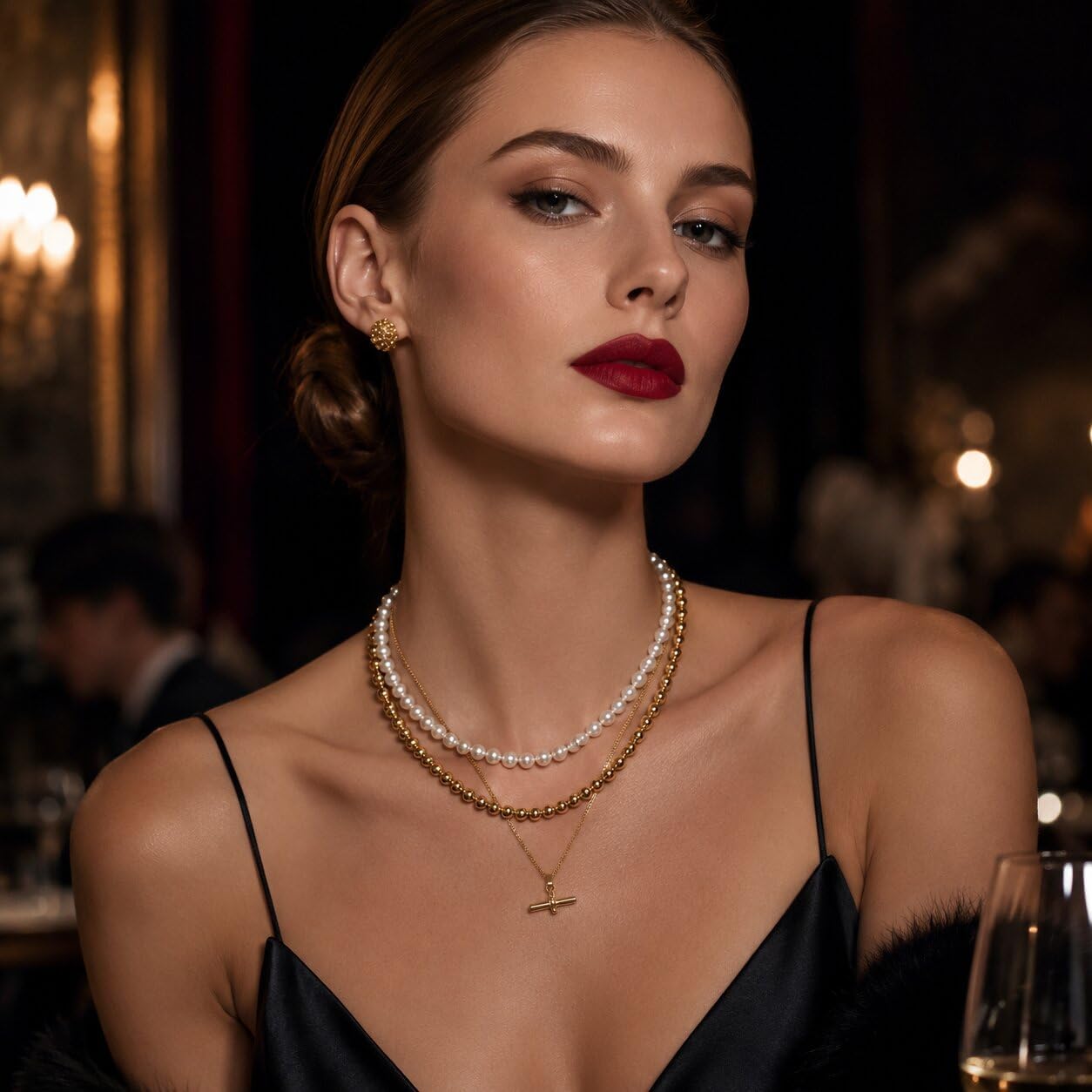3 Pcs Layered Necklaces for Women, 14K Gold Plated Toggle Clasp Pendant, Faux Pearl Choker & Gold Beaded Chain Dainty Jewelry