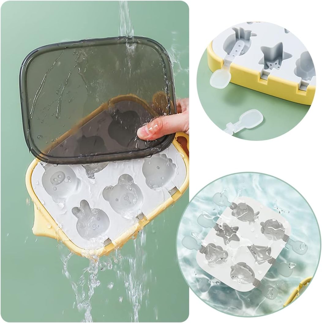 6 Grid Silicone Popsicle Mold, Cute Animal Ice Pop Molds, Popsicle Maker with Reusable Sticks, Easy Release Ice Cube Tray with Lid, for DIY Homemade Summer Ice Cream Lollipop (Yellow)