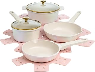 Paris-Hilton Be An Icon 10pc Nonstick Cookware Set, Ceramic Pots and Pans, Induction Ready, PFOA Free, Cast Aluminum, With Lids and Gold Heart Knobs, Dishwasher Safe, Scratch Resistant (Iridescent)
