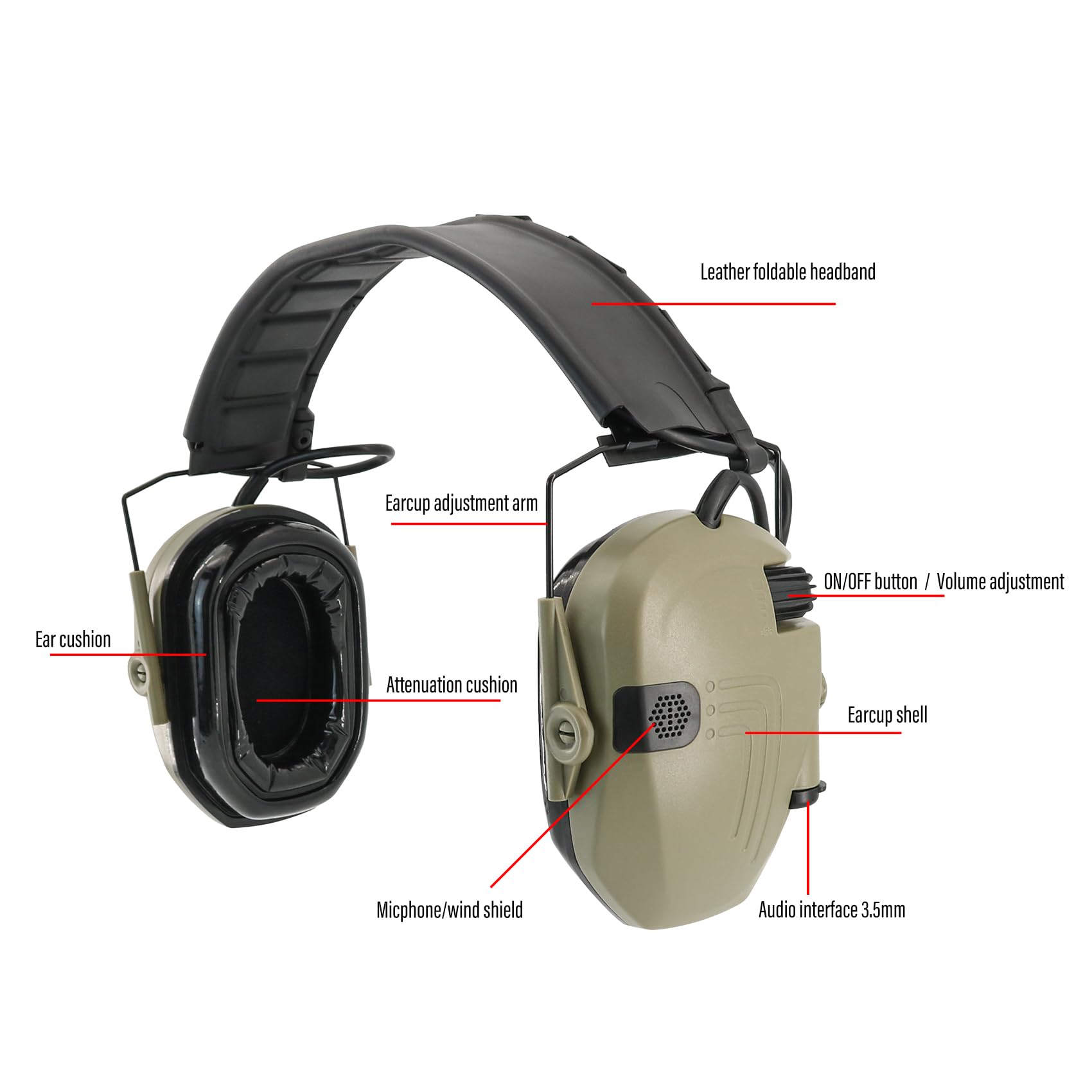 Orejeras electrónicas de seguridad con protección auditiva NRR de 23 dB, reducción de ruido con almohadilla de gel para deportes al aire libre (bronceado)