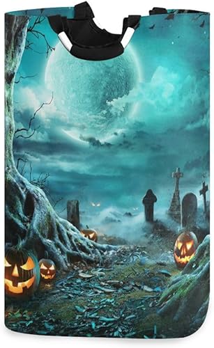 Cesta grande de noche espeluznante de Halloween con luna llena, bolsa de lavandería plegable, con asas para lavandería, dormitorio, decoración del