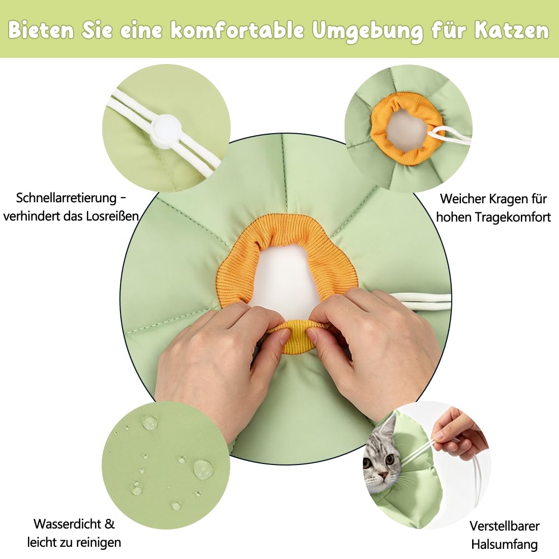 Halskrause Katze Größen M, großer Durchmesser Katzenkragen, Einstellbarer Leckschutz Katze, Weich Halskragen für Katzen Kleiner Hunde Nach Operation, Elisabethanischer Kragen, Grün