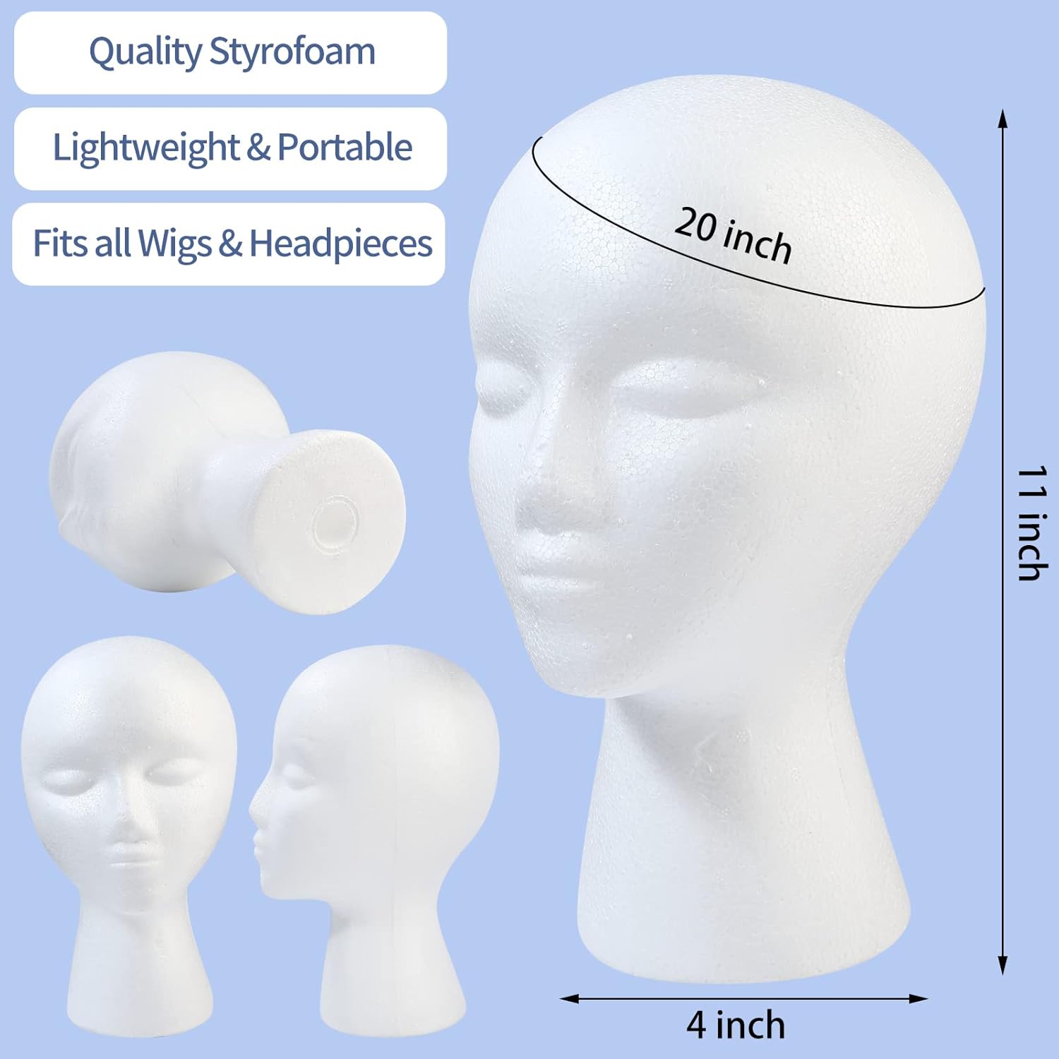 GliSun 3 Pcs Foam Wig Head, Styrofoam Mannequin Head with Female Face for Multipurpose Wigs Display Stand, Model, Mask, Hat Display Stand, Art Work Painting