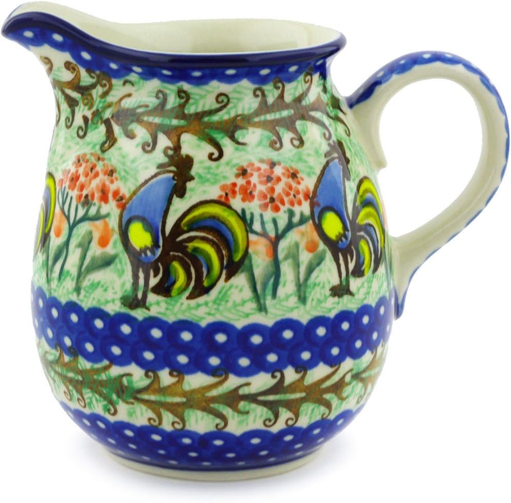 Polmedia Polish Pottery Pitcher UNIKAT - Rooster Dance Pattern Handmade in Boleslawiec Poland by Ceramika Artystyczna + Certificate of Authenticity