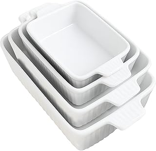Casserole Dishes for Oven, 4pc Ceramic Bakeware Set, Rectangular Deep Lasagna Pans with Handles, White