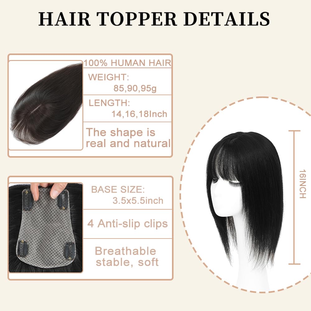Hair Toppers for Women Real Human Hair,360°3D Big Basement Cover Topper for Women with Thinning Crown with Wispy Clip in Bangs Realistic Scalp (Black, Wispy Bangs 16INCH)