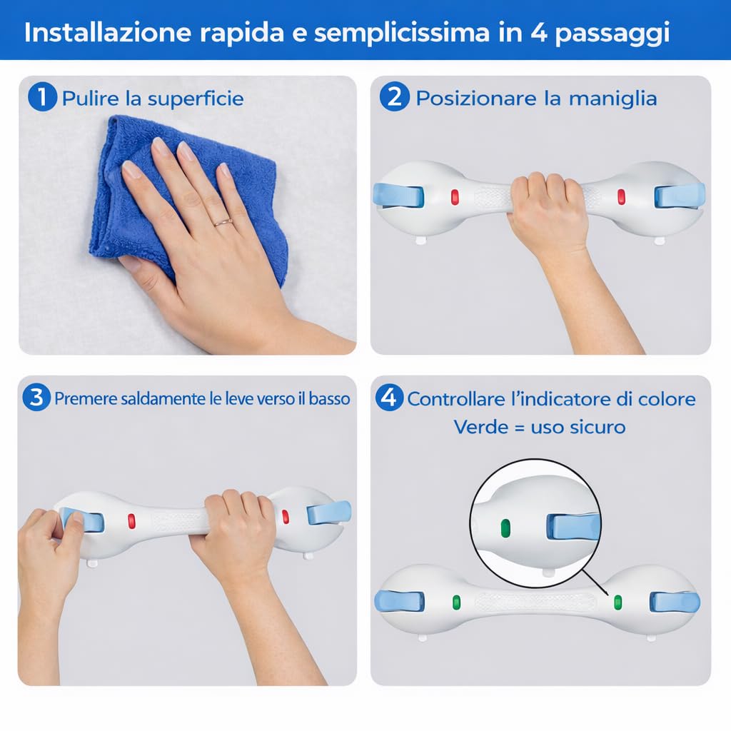 Maniglione Doccia a Ventosa Senza Fori – Maniglia Doccia Antiscivolo fino a 120 kg – Maniglione Bagno 44 cm per Doccia e Vasca – Ausilio Sicurezza per Anziani, Bambini e Persone con Mobilità Ridotta