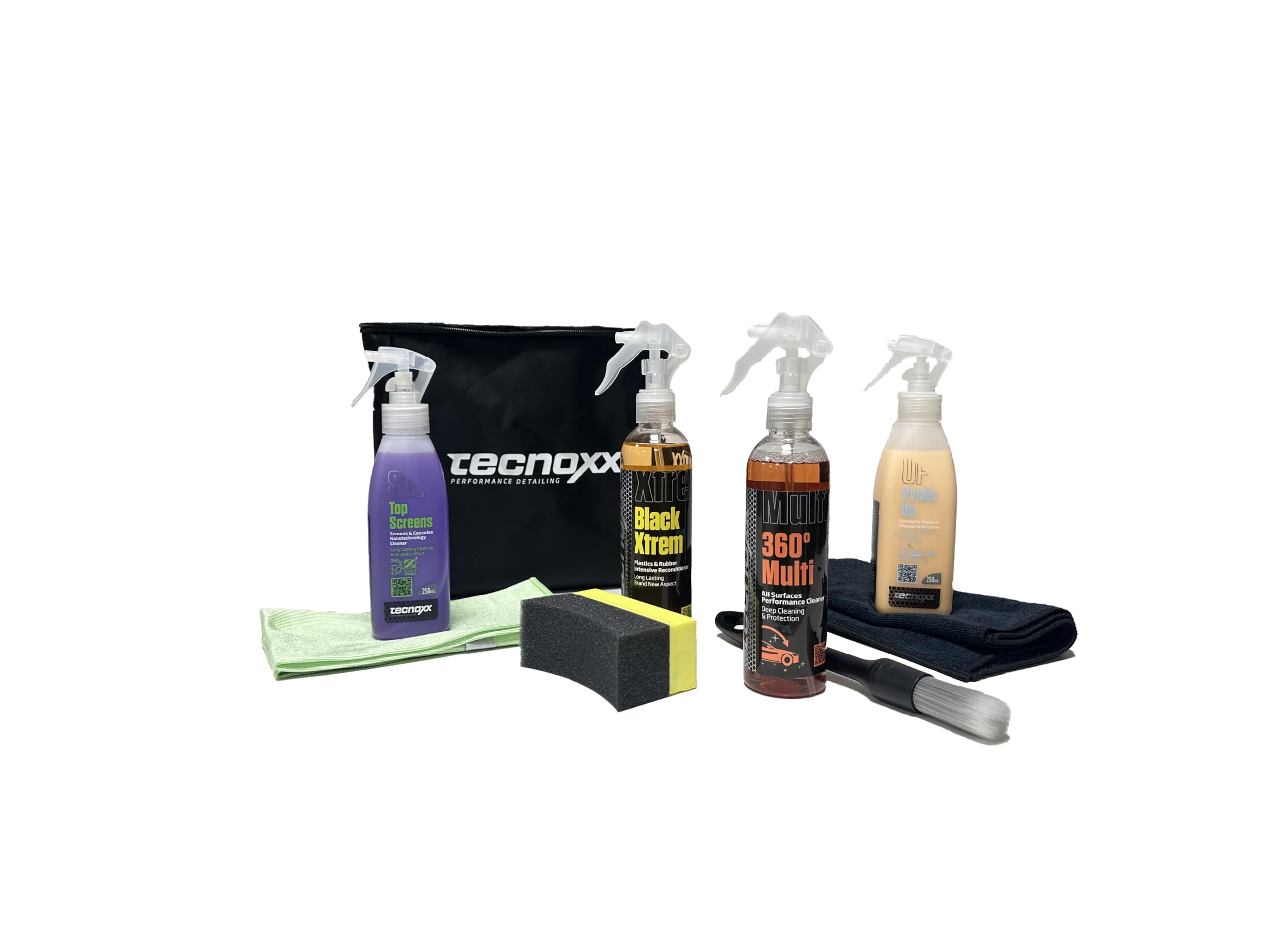 Tecnoxx Smart Detailing Bag – Kit Limpieza Coche Bolsa Maletero Restaurador de Plásticos, Abrillantador de Interiores Limpiador Multiusos Pantallas táctiles Cepillo Esponja Bayeta Microfibra Cristales