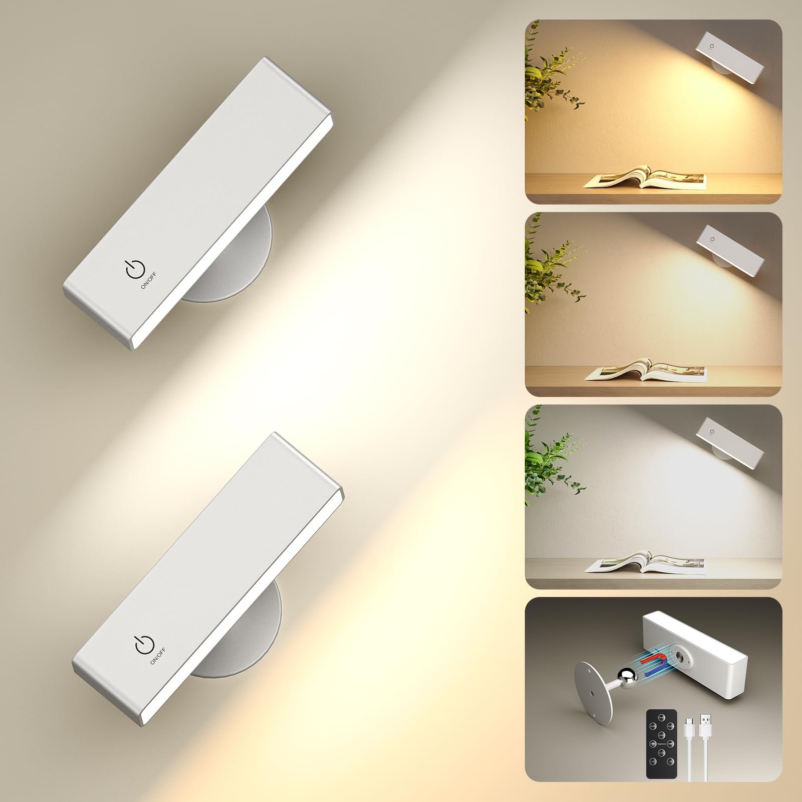YiLaie Lámparas de Pared 2 Pcs, Apliques Pared Interior con Mandos a Distancia, 3 Temperaturas de Color, Control TáCtil, 360° Giratoria Adecuado Para Dormitorio, Sala de Estar, Lectura