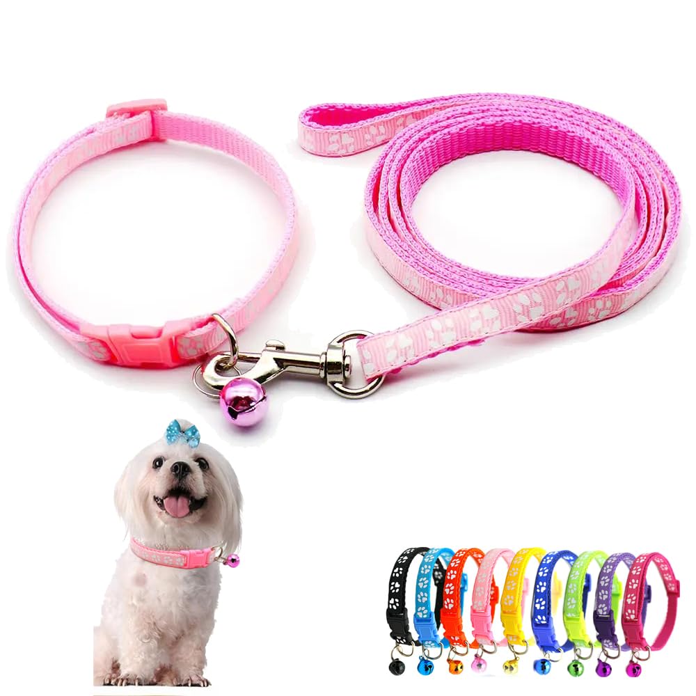 Collier rose avec clochette et laisse nylon réglable pour chat et petit chien XS