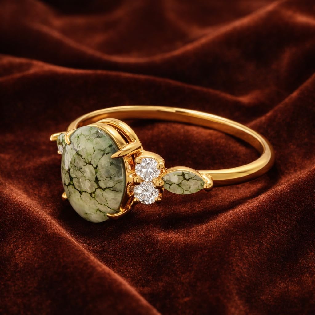 14K Yellow Gold Oval Cut Moss Agate Engagement Ring Vintage Boho Nature Inspired Alternative Bridal Promise Anniversary Jewelry Gift for Her