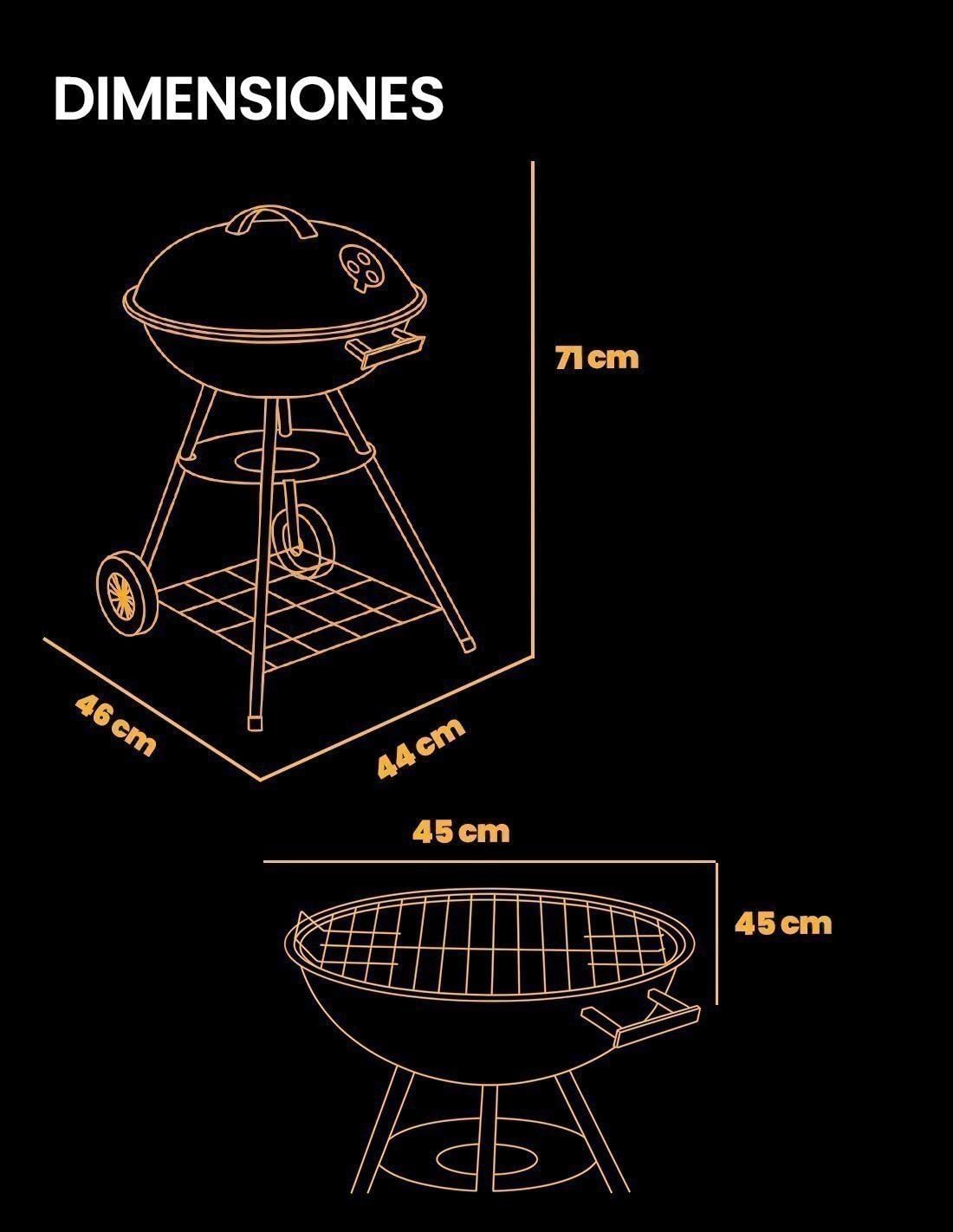 JARDIN202 - Barbacoa de Carbón Portátil Dakota | Parrilla Redonda Estilo Kettle | Exteriores, Jardín y Camping | Parrilla de Ø 45 cm | Negro