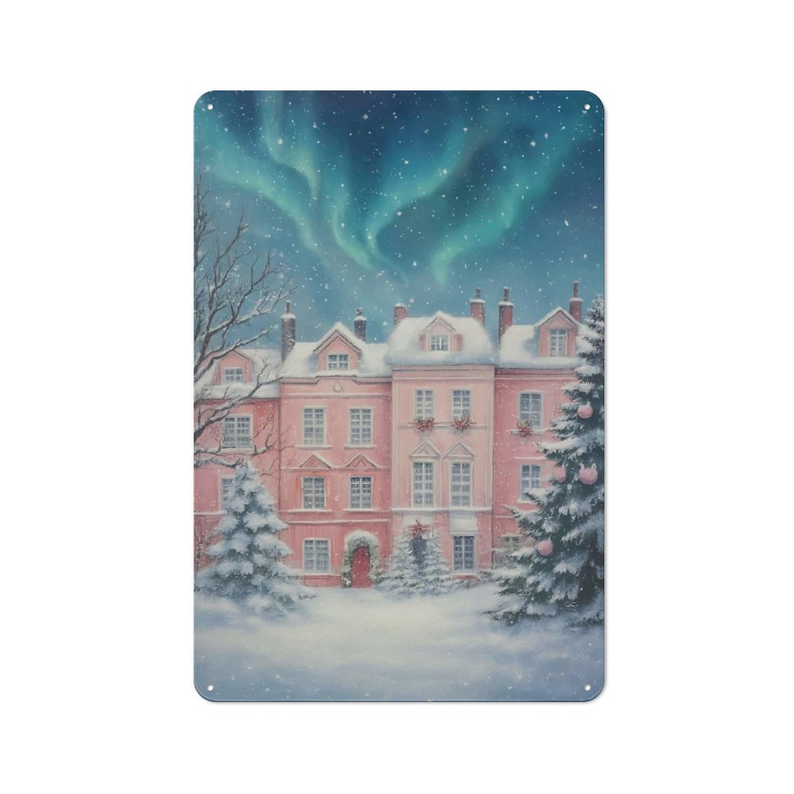 Junmoney Style-23 Metal Plaque 30X20cm With Winter Townhouse Aurora Christmas For Hallway Wall, Rustic Decor, A Metal Wall Feature For Hallways And Entrance Areas