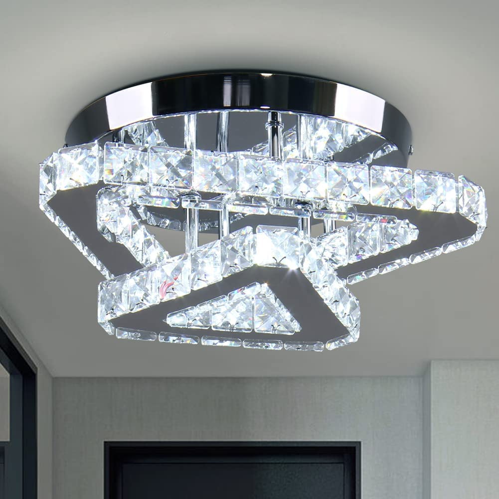 12Inch 2LayerTriAngle White Crystal Chandelier for Living Room Modern Ceiling Light for Hall Dining Room Led Fixtures Hanging Ring Gl13