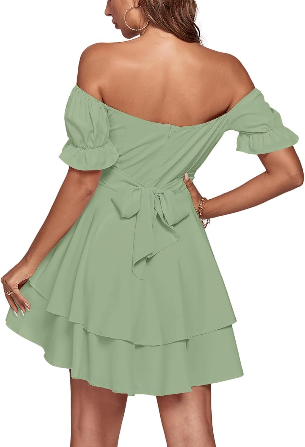 LYANER Women's Tie Back Off Shoulder Wrap Layer Ruffle Short Sleeve Mini Dress - Image 3