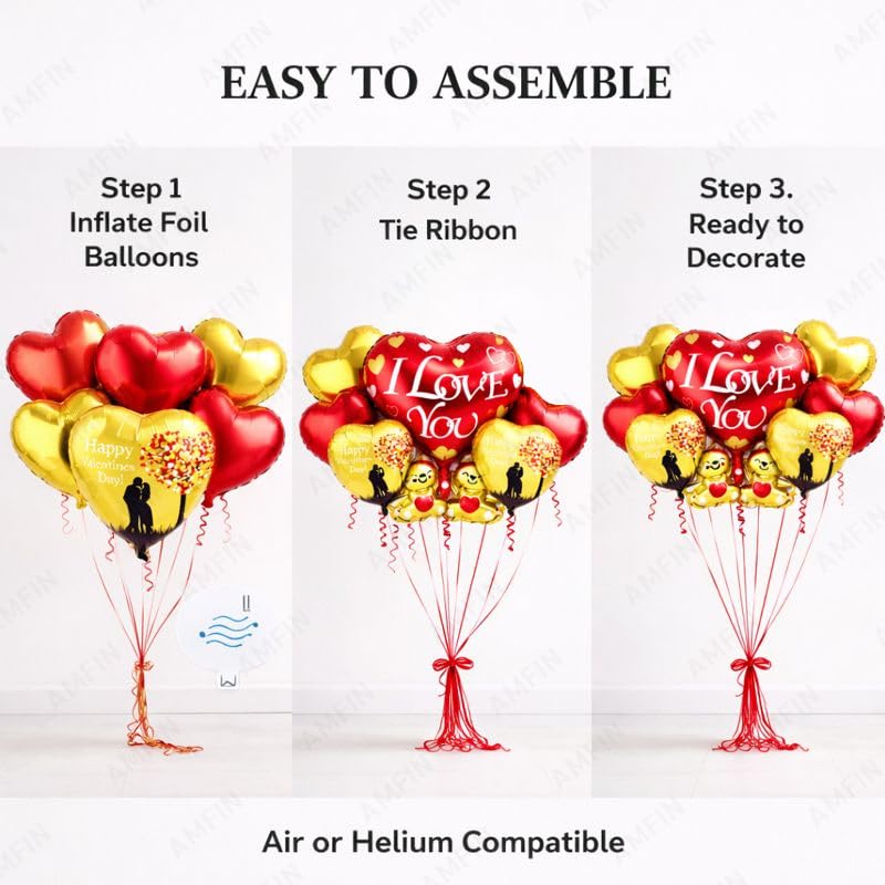 Image of AMFIN (Pack of 7) Happy Valentine's Day Foil Balloon Bouquet I Love you Teddy Heart Romantic Decoration Item - Red Gold
