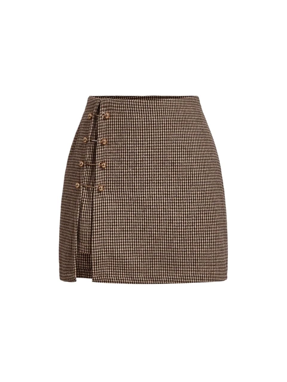 Womens Basic Mini Skirt Mid-Waist Plaid Skirt With Side Buckle Accent