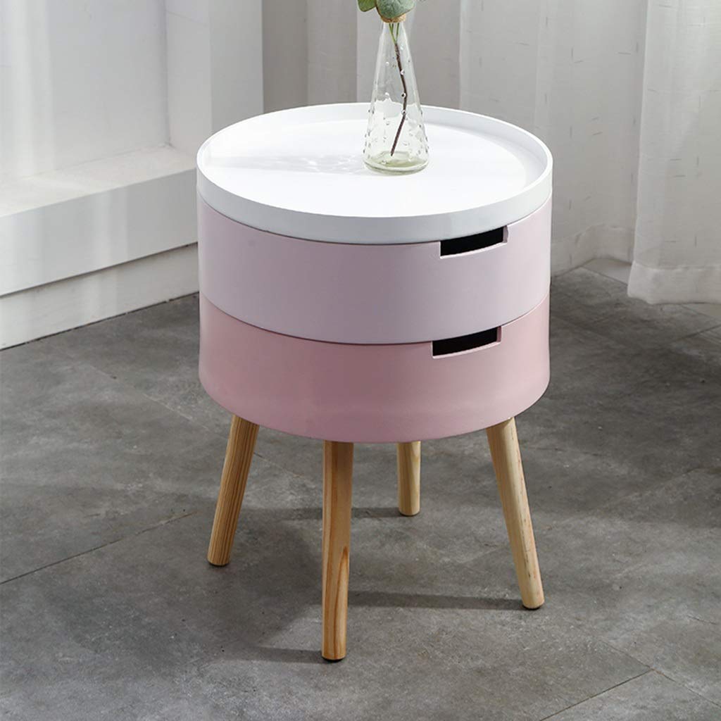 LH Bedside Tables Round Nightstand Table Cabinet with 2 Drawers, Nordic SimpleSmall Coffee Table Storage Unit for Living Room/Bedroom (Color : Pink)