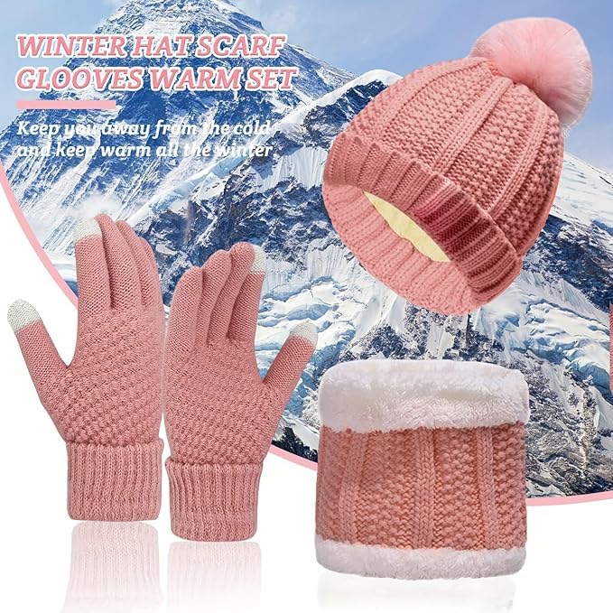 Krystle Kids Winter Woolen Set – Beanie Cap, Neck Warmer & Gloves | Soft Knitted Warm Set for Boys & Girls (Pink,5-20 Years) 1