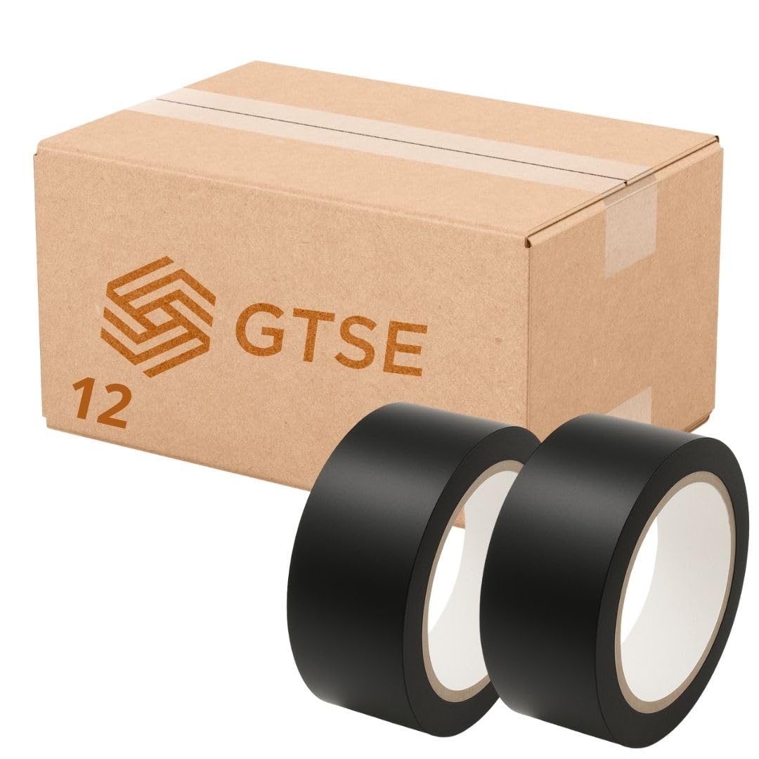 GTSE 50mm x 33m, Black, PVC Vinyl Floor Tape, 12 Rolls, Safety Marking Tape, 0.15mm Thick, Suitable for Dance Floors, Gyms, Warehouse, Sports Industry