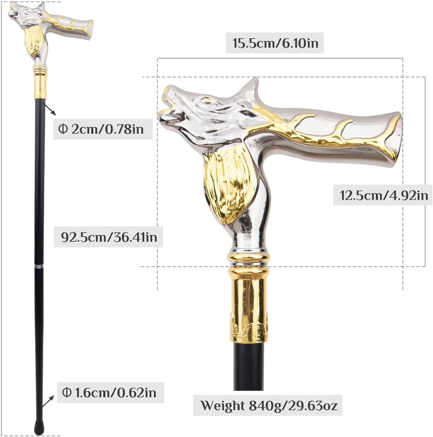 White Gold Deer Head Walking Cane, Luxury Men Womens Walking Stick, Heavy Duty 500 Lbs Capacity Ergonomic Handle 92cm