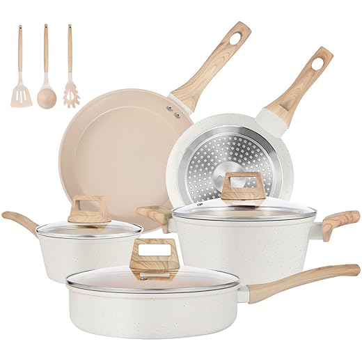 Pots and Pans Set Non Stick, 11 Pcs Ceramic Cookware Set, Nonstick Induction Cookware, Non-toxic Kitchen Cooking Set with Frying Pan Set, Cream