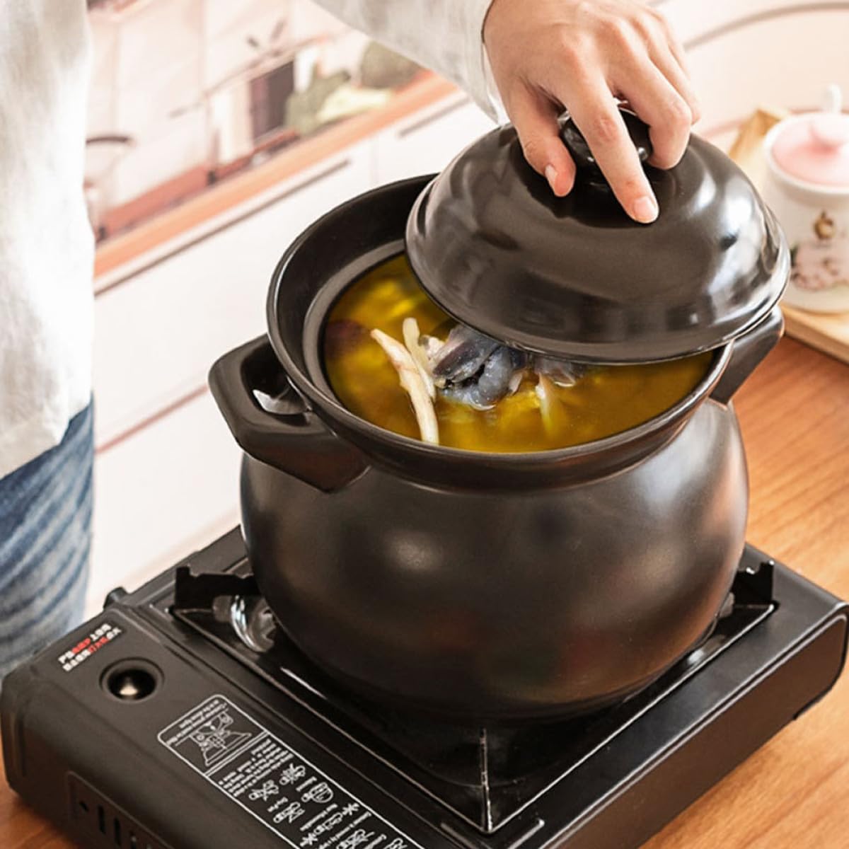1pieza Olla Resistente Altas Temperaturas de Cerámica Pequeña Cazuela Antiadherente para Guisos y Arroz para Cocina Doméstica Color Negro