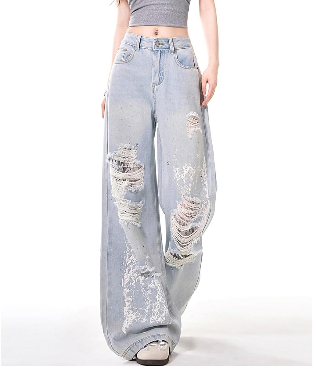Vintage Cute High Waisted Straight Leg Denim Pants Fashion Y2K Lace Rhinestone Printed Ripped Fringe Jeans - Image 3