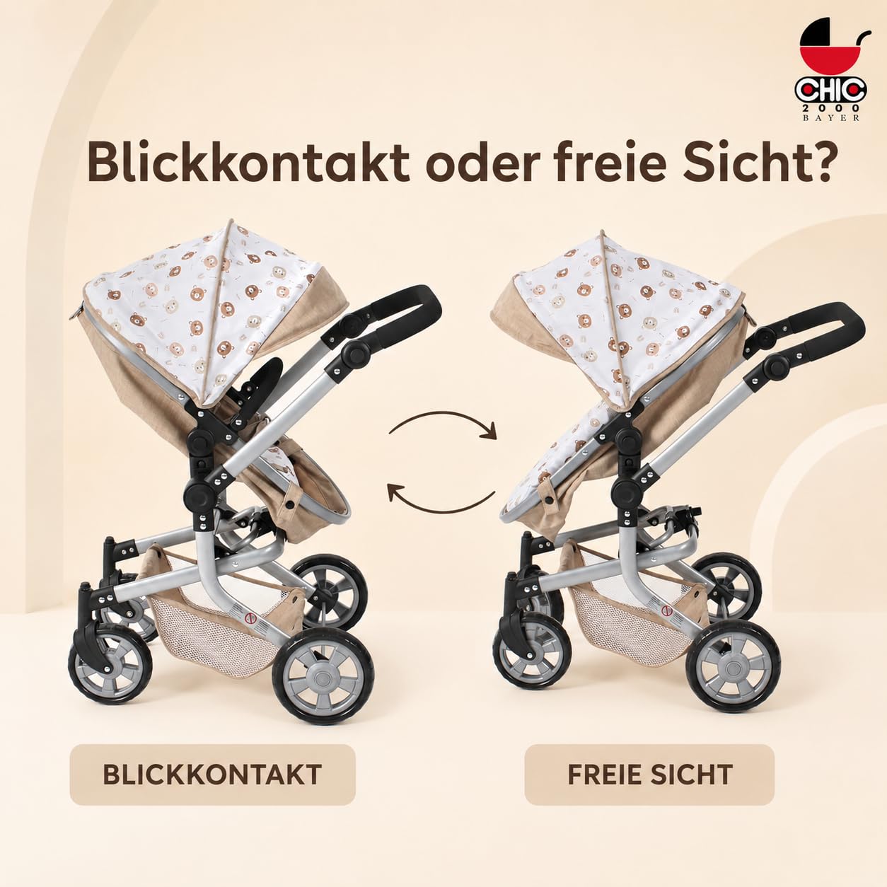 Bayer Chic 2000 Wózek dla lalek Mika, wózek 2 w 1, dla dzieci w wieku od 4 do 8 lat, wózek dla lalek do 52 cm, beżowe misie | Duży wózek dla lalek kombi 2 w 1 z regulowanym fotelem sportowym dla lalek do 52 cm. Beżowy miś, uchwyt 47-80 cm, od 3 lat