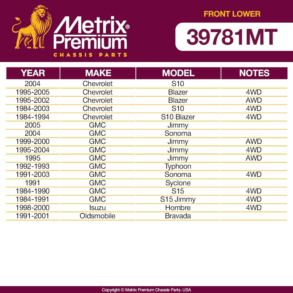 Metrix Premium Chassis Parts - Front Lower Ball Joint Fits 04 Chevrolet S10, 95-05 Blazer, 84-03 S10, 92-93 GMC Typhoon, 91-03 Sonoma 4WD, 91-01 Oldsmobile Bravada, Replacement K5335, Made in Europe