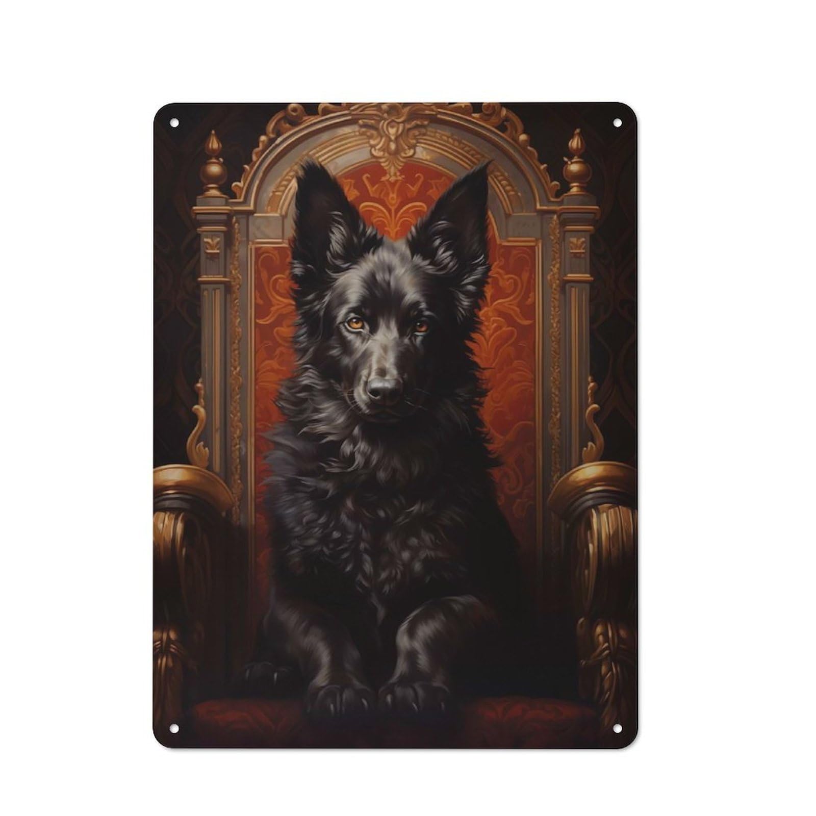 Black German Shepherd Dog on Throne Garage Metal Sign 40x30cm, Weathered Look Shed Wall Plaque for Garage, Workshop, Shed Or Utility Room