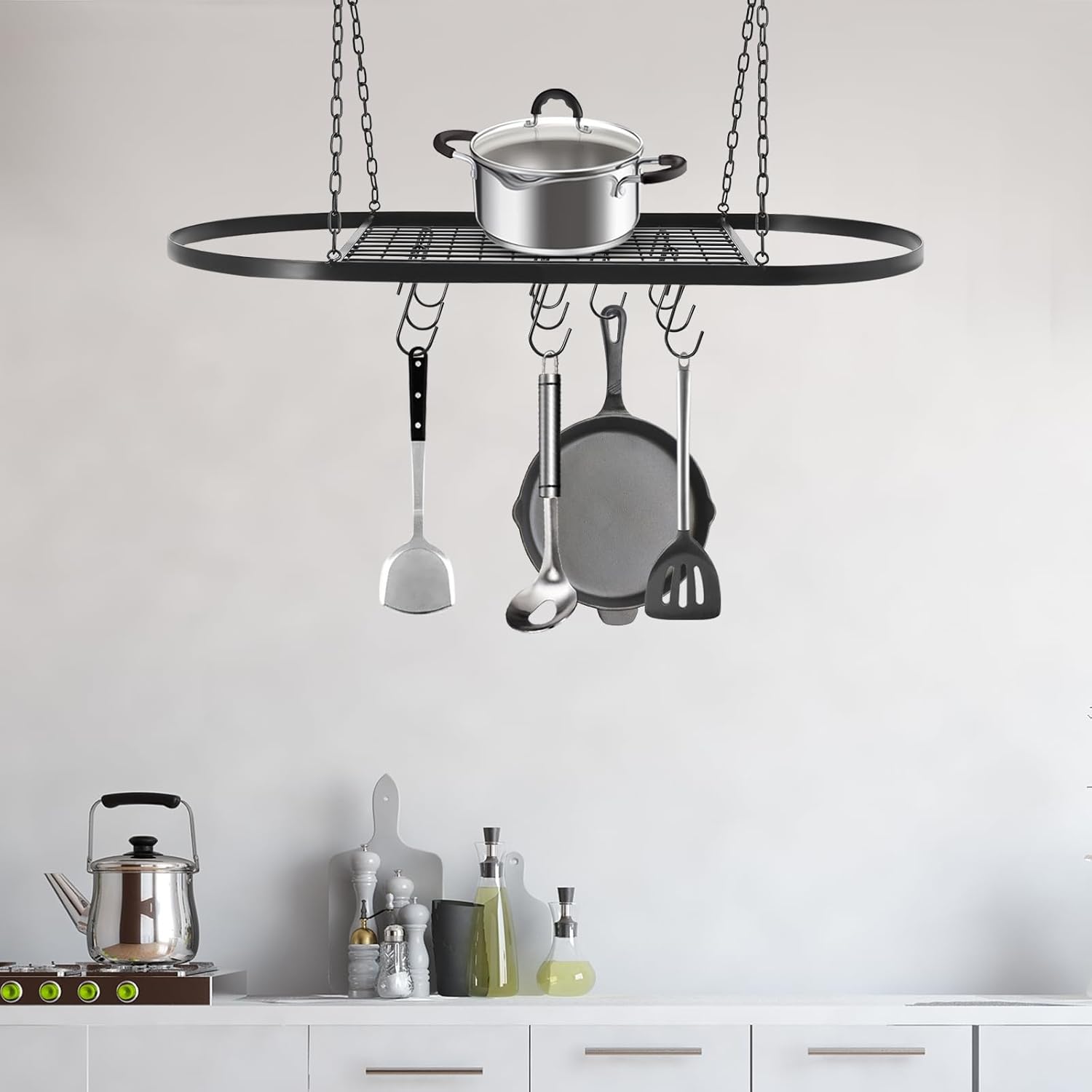 Ceiling Pot Rack Hanging,Pans Ceiling Mount Organizer Rack,Multi-Purpose Organizer Pot for Kitchen Cookware Utensils