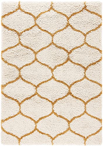 Image of Handwoven Microfibre 3D Rug for Living Room (Ivory & Gold Moroccan, 15 X 20 Feet, Microfibre)