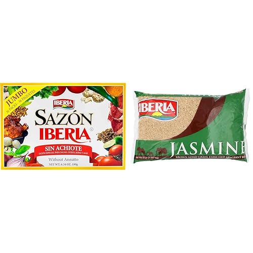 Sazon Iberia sin Achiote 6.34 onzas (36 paquetes) + arroz jazmín marrón Iberia 5 libras.
