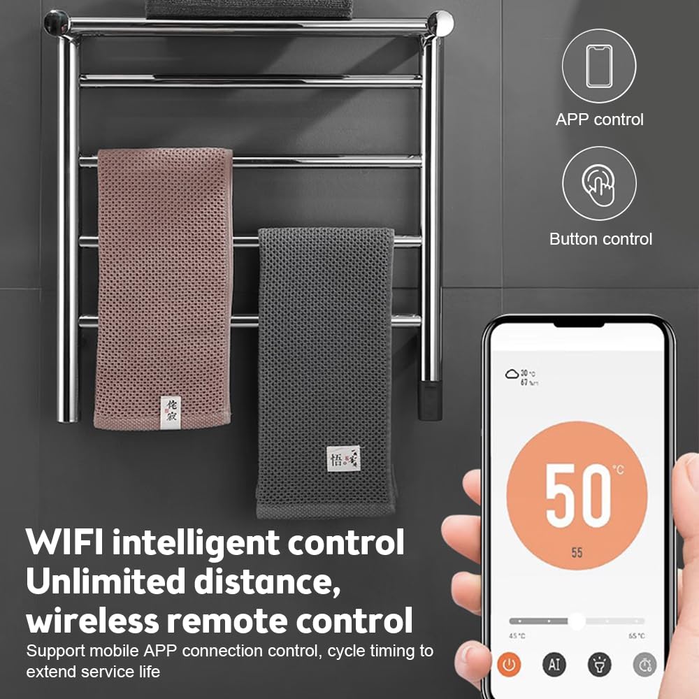 Toallero Eléctrico WiFi, Toallero Calefactable de Acero Inoxidable de 45 W 24 V con Aplicación, Temporizador de Control Remoto, Temperatura Ajustable IPX4 a Prueba (Plata)