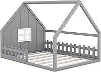 Vista 8 de MERITLINE Cama de casa para niños, cama Montessori tamaño matrimonial, marco de madera con rieles y ventana, no necesita somier, para niños