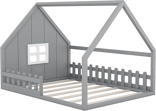 Miniatura 4 de P PURLOVE Marco de cama de tamaño matrimonial para niños, cama de piso completo Montessori para niños, marco de cama Montessori con techo y ventana