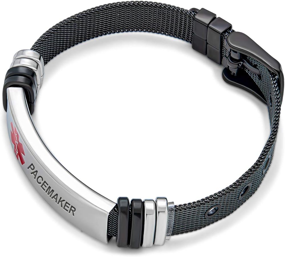 Bling Jewelry Unisex Pacemaker Identification Medical ID Belt Buckle Mesh Band Bracelet For Men 8 Inch Black Stainless Steel Custom Engraved