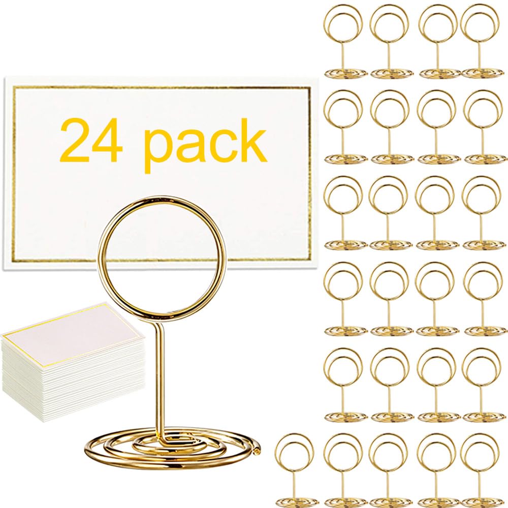 Toncoo 24 Pack Premium Table Number Holders and 24 Pcs Place Cards with Gold Foil Border, Place Card Holder, Table Sign Stand, Photo Picture Holders Wedding Table Name Card Holder(Gold)