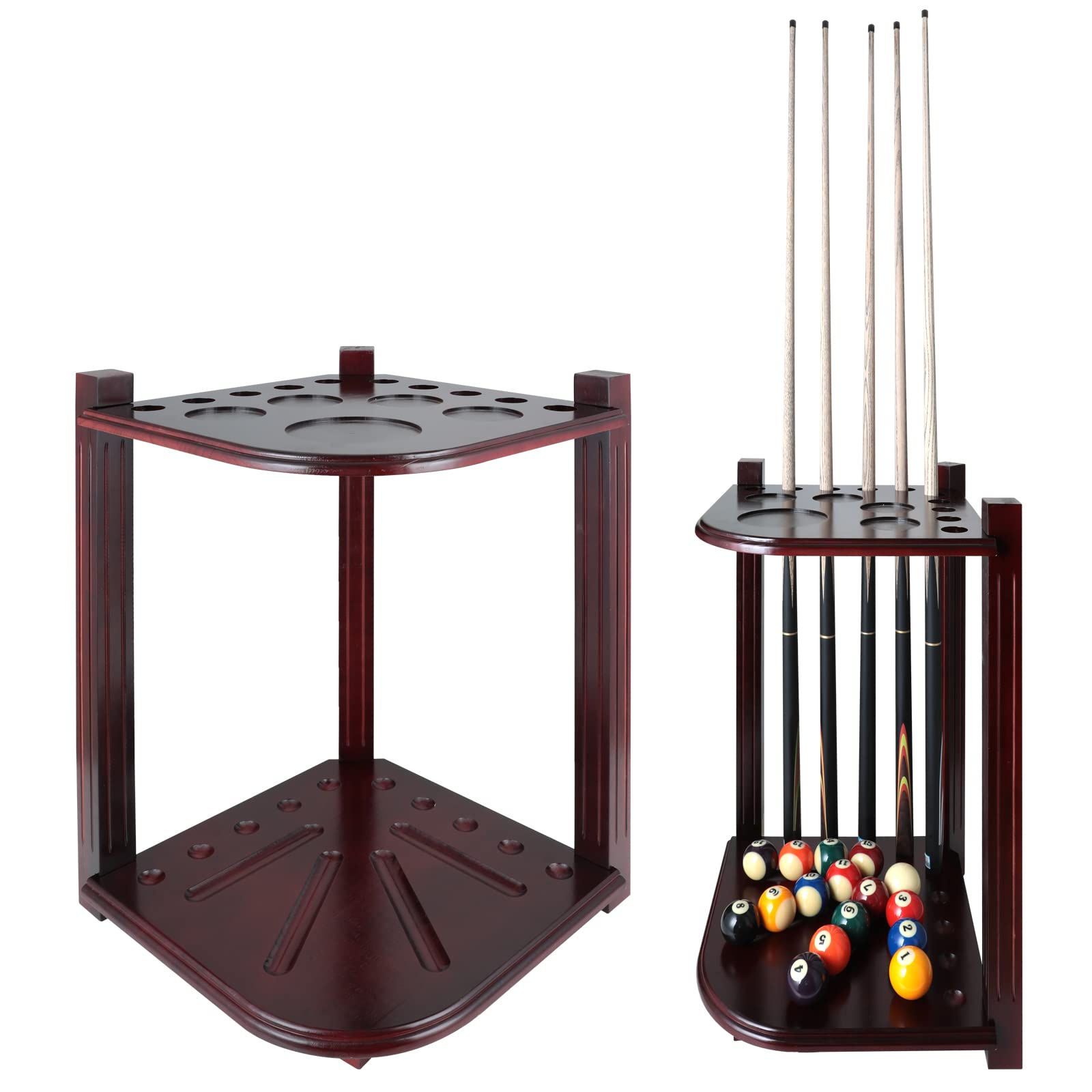 HMQQ BILLIARDS CUE RACK Holds 10 Pool Cue Sticks ,Corner-Style Pool Stick Holder Floor Stand, Solid Wood Billiard Pool Cue Rack,Pool Table Accessories (Mahogany)