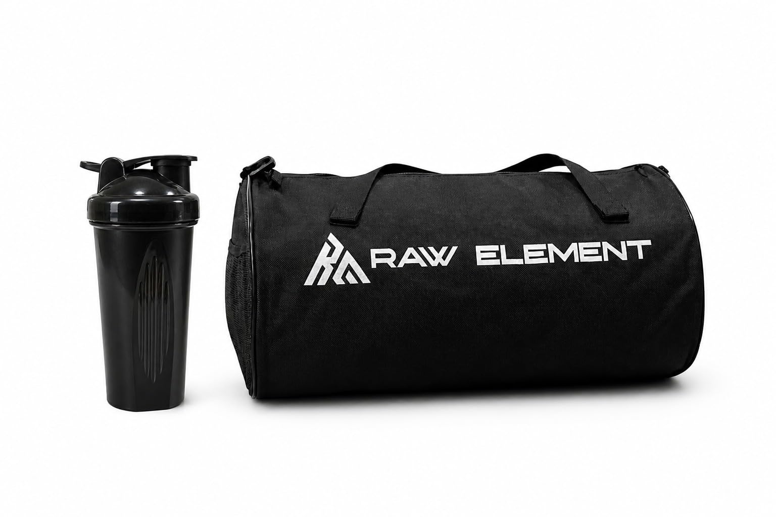 raw element Gym Duffle Bag with Protein Shaker | Waterproof Travel Sports Bag | Lightweight Fitness Bag for Men & Women | Gym Accessories Combo (Black) (All Black)-picture-46