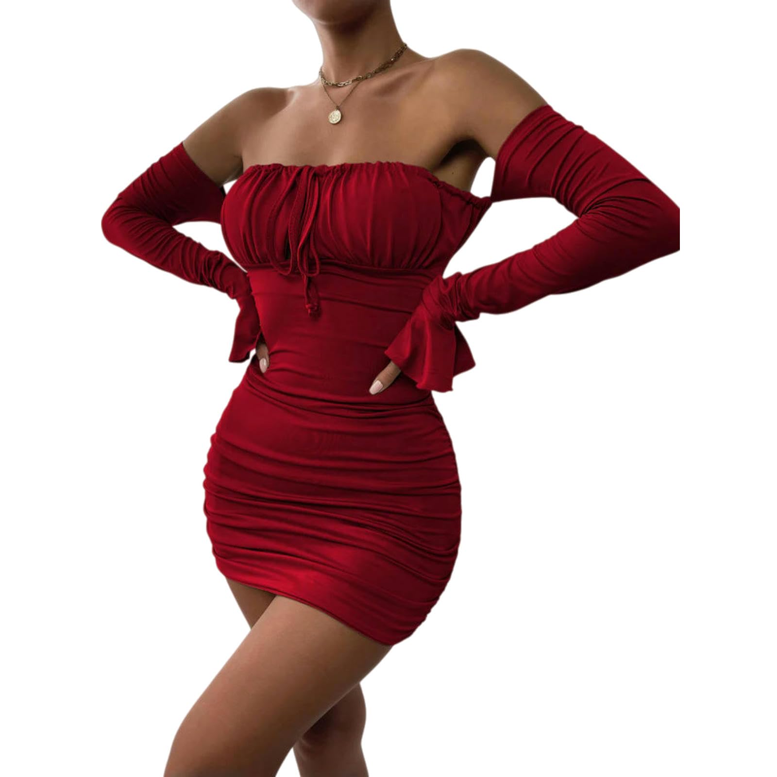 Vestito Manica Lunga Ruffle Bodycon Abito, Slim Fit Mini Outfit per Le Donne Club & Festa Serale-Green-m