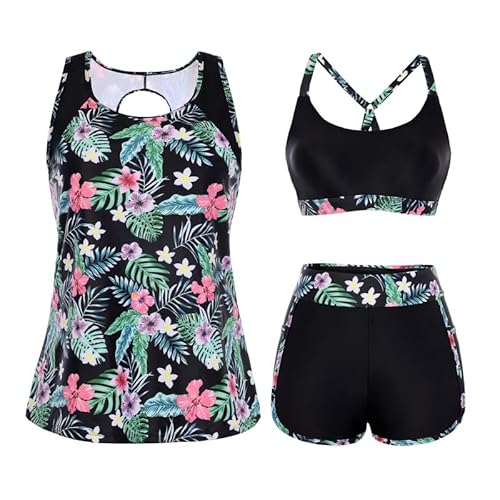 Hanna Nikole Badebekleidung für Damen,3 teilig Tankini Set,Bauchweg Badeanzug,Sport Bademode,Push Up Bikini Oberteil Und...