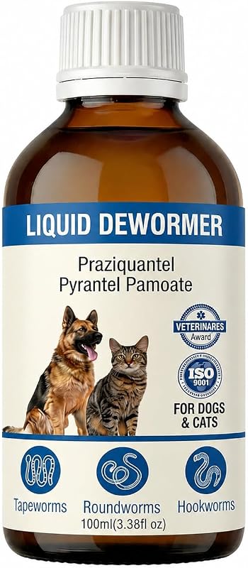 Desparasitante para perros y gatos, desparasitante líquido para perros y gatos -8 semanas +, desparasitante para gatos para todos los gusanos, elimina lombrices intestinales y anquilostomas (pamoato de pirantel), para mascotas de 6 a 60 libras y más, 3.5 fl oz