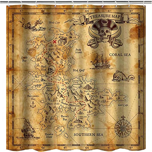 Paeot Nautical Island Map Shower Curtain,Vintage Pirate Treasure Map Rustic Bathroom Curtains Decor 72X72 Inches Polyester Waterproof Fabric Shower Curtains Sets With 12 Hooks Ylokpa0052 #TOP1