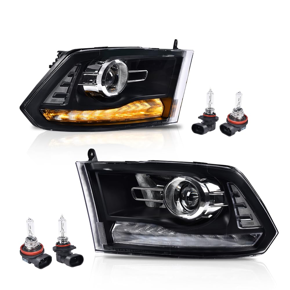 GRAND ORANGE LED Bar Plank Style Headlights Assembly Compatible with 2013-2018 Dodge Ram 1500 2500 3500 FACTORY PROJECTOR 9 PIN MODEL Clear Lens Black Housing Clear Reflector
