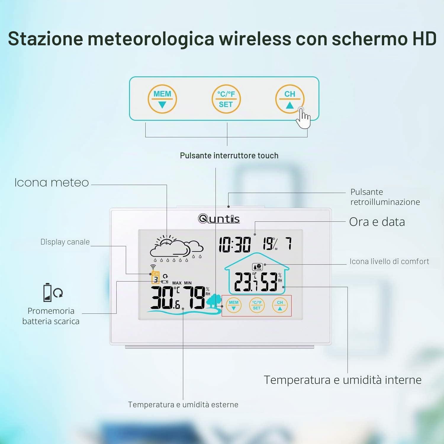 Quntis Stazione meteo radio con 3 sensori esterni, termometro digitale per uso interno ed esterno, stazione meteo multifunzionale con visualizzazione dell'ora, sveglia e previsioni meteo - bianco