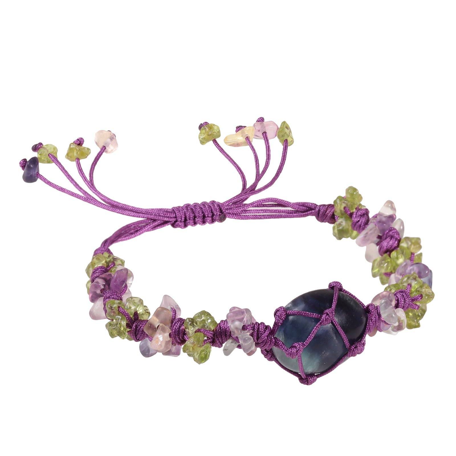 KYEYGWO Natural Crystal Chips Bracelet Boho Woven Knotted Braided Crystal Holder Bracelets Trendy Chakra Jewellery Gift for Women Men Fluorite & Olivine