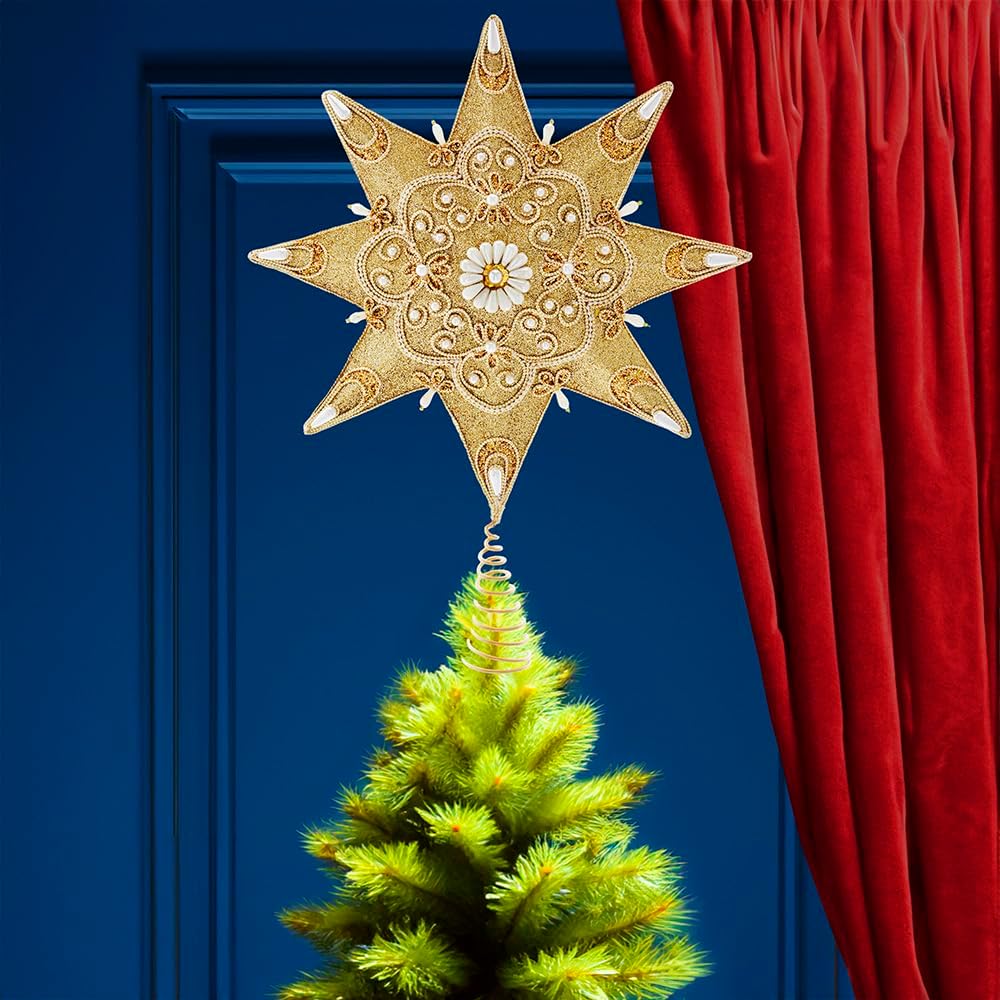 16-Inch 8-Point Pearl and Gold Shimmer Star Treetop