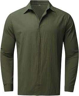 Linen Shirts Men UK Sale Clearance Casual Cotton Linen Shirt Regular Fit Long Sleeve T-Shirts Autumn Lapel Collar Solid Color Tops Button Down Shirt Beach Grandad Shirt Outings Tops